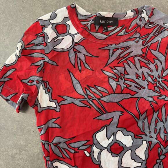 Vintage Y2K Micro Sheer Psychedelic Karen Kane Red Floral Abstract Graphic Tee M - Picture 2 of 5